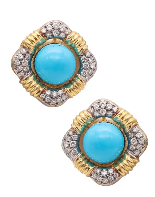 IVAN & CO. Modernist Turquoise Clips Earrings In 18Kt Gold With 3.20 Ctw Diamonds from auction in Aventura, Florida — image 32
