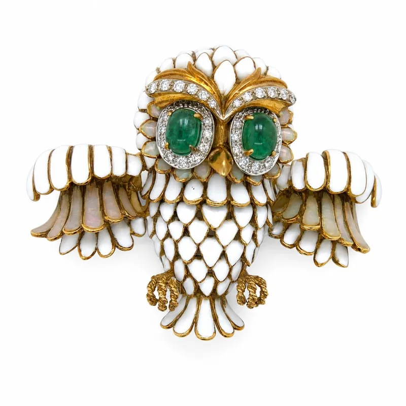 18K Yellow Gold Owl Brooch with Emerald & Diamond from auction in Aventura, Florida — image 38