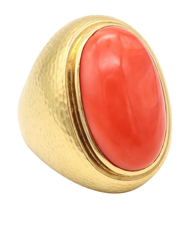 ANDREW CLUNN Massive Cocktail Ring In Hammered 18Kt Gold With Sardinian Coral from auction in Aventura, Florida — image 34