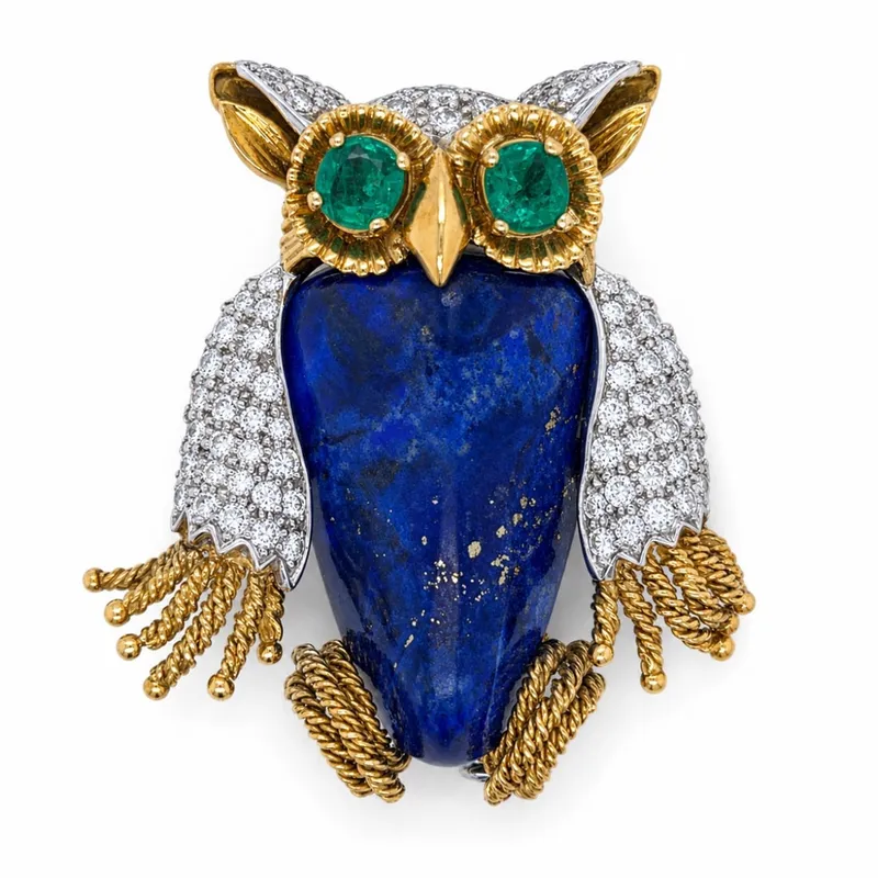 French 18K Yellow Gold Owl Brooch with Lapis Lazuli, Emerald & Diamond from auction in Aventura, Florida — image 37