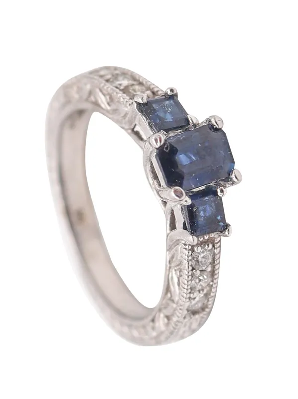 ART-DECO Revival Ring In 14Kt Yellow Gold With Blue Sapphires & VS Diamonds from auction in Aventura, Florida — image 35