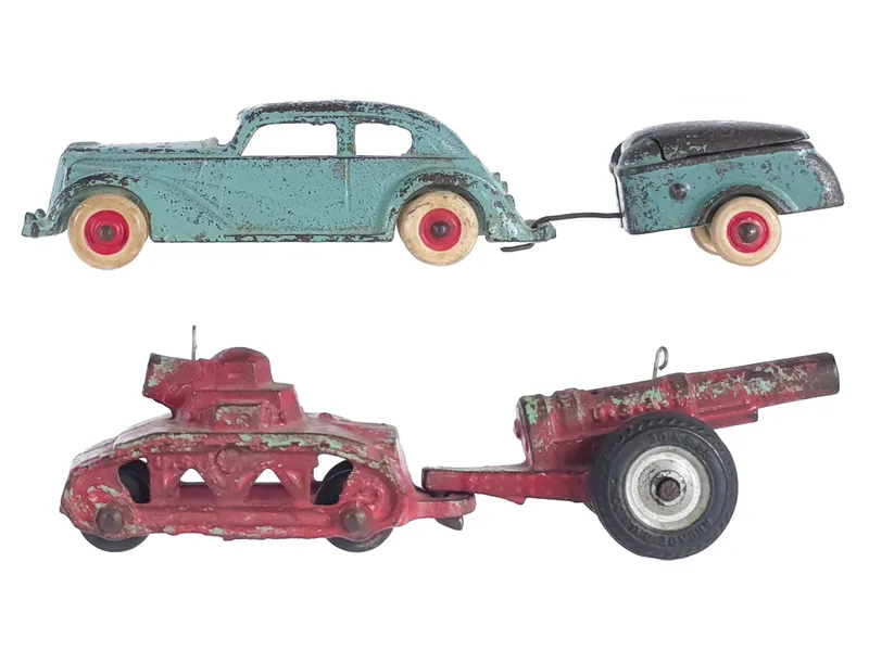 (2) Arcade Cast Iron Motor Car & Trailer with Tank and Cannon from auction in Myakka City, Florida — image 41
