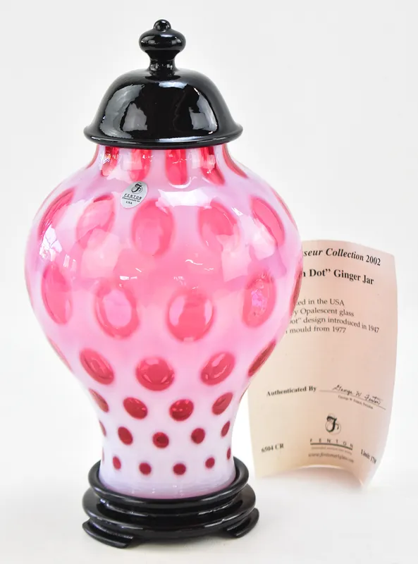 FENTON CRANBERRY OPALESCENT 'COIN DOT' GINGER VASE from auction in Aurora, Oregon — image 20