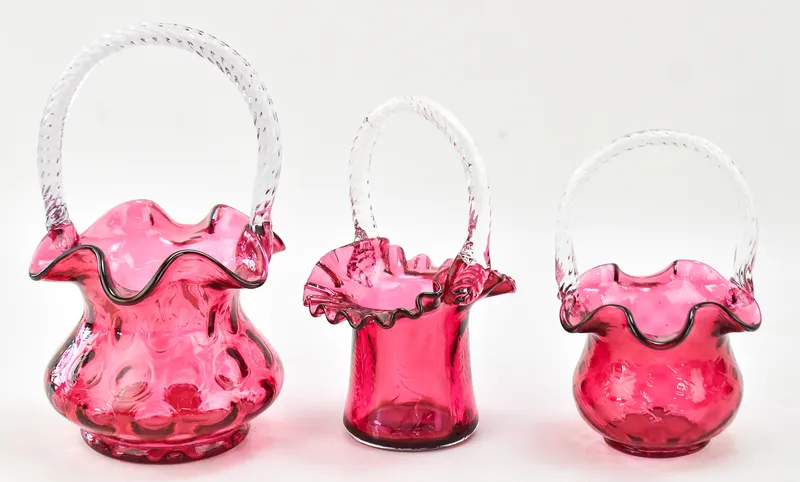 TRIO OF FENTON CRANBERRY GLASS BASKETS from auction in Aurora, Oregon — image 29