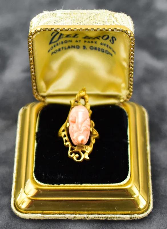 ART NOUVEAU 14KT GOLD CARVED ANGEL SKIN CORAL CAMEO from auction in Aurora, Oregon — image 16