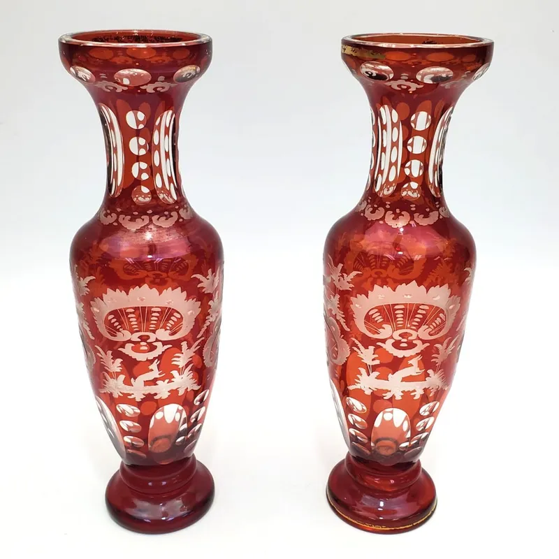 Pair of Bohemian Ruby Red Overlay Glass Vases from auction in East Meadow, New York — image 24