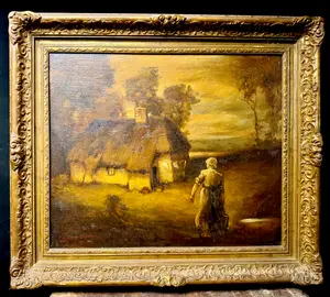 George Elmer Browne (American, 1871-1946), Tonalist Landscape with Cottage and Figure, 1902