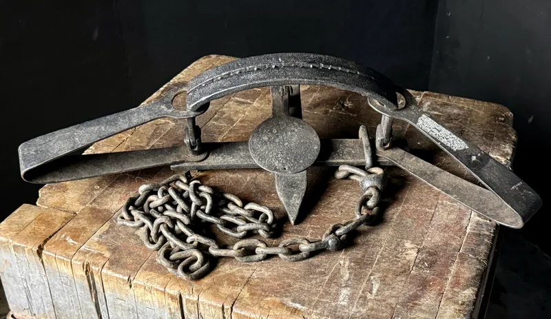 S. Newhouse pre-Oneida No. 5 Slick Pan Bear Trap with Rare Cast Serrated Teeth from auction in Campbell, New York — image 8