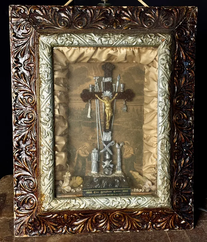 Victorian Catholic Arma Christi Devotional Shadowbox Shrine, circa 1877 from auction in Campbell, New York — image 11