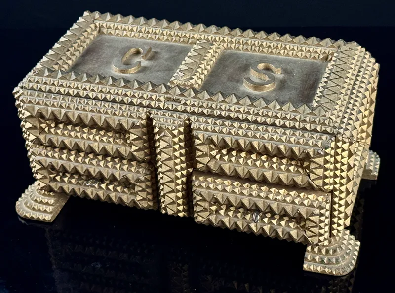 American Folk Art Tramp Art Gilt Wood Jewelry Box with Drawers from auction in Campbell, New York — image 22