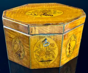 English George III Style Octagonal Satinwood Tea Caddy with Shell and Floral Marquetry