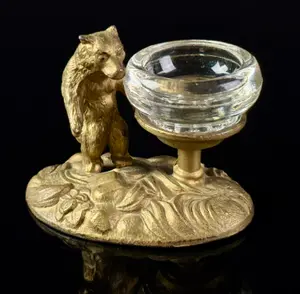 Antique Gilt Spelter Figural Bear Master Salt with Glass Liner