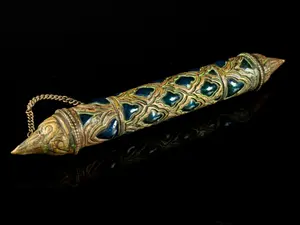 Large Antique Ornate Enamel and Brass Champleve Scroll Holder with Peacock Eye Motif