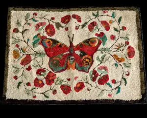 American Folk Art Hooked Wool Rug with Butterfly Motif
