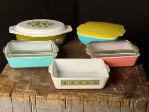A Collection of Vintage Pyrex Spring Blossom Green and Solid Color Kitchenware