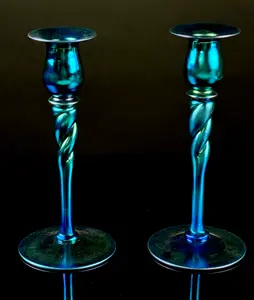 A Pair of Steuben Blue Aurene Art Glass Candlesticks, Shape 686