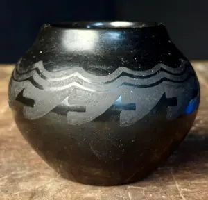 San Ildefonso Pueblo Black-on-Black Pottery Jar by Maria Martinez and Santana Roybal Martinez