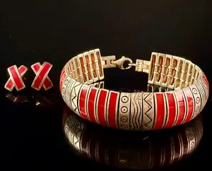 A Sterling Silver and Red Inlay Link Bracelet and Matching Earring Set