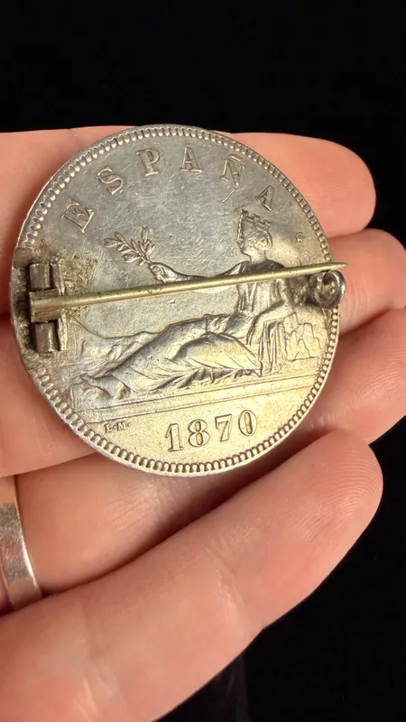 Spanish Silver 5 Pesetas Coin Brooch Dated 1870 from auction in Campbell, New York — image 47
