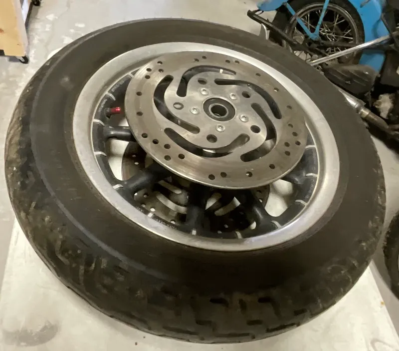 Harley-Davidson 9-Spoke 16-Inch Front Motorcycle Wheel Assembly with Dual Rotors and Dunlop Tire from auction in Campbell, New York — image 36