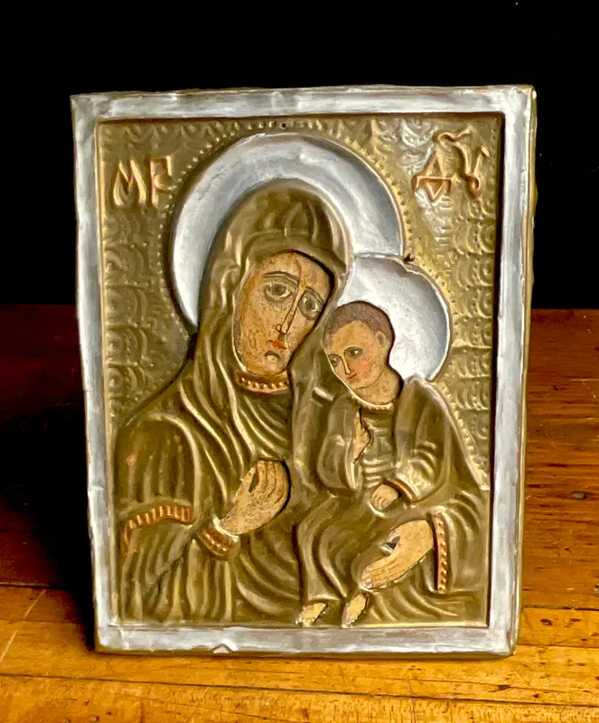 19th Century Eastern Orthodox Repoussé Metal and Painted Wood Icon of the Theotokos from auction in Campbell, New York — image 46