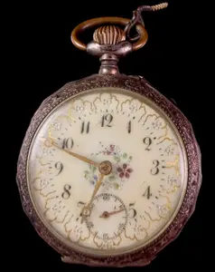 Antique .800 Silver Open Face Remontoir Pocket Watch with Enamel Floral Dial