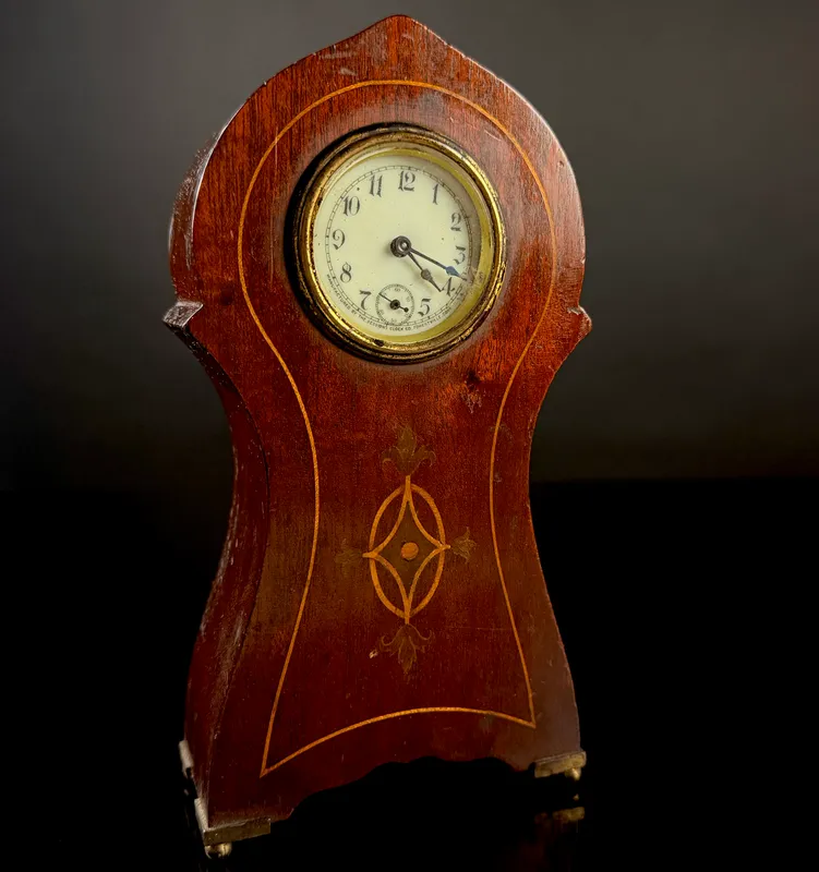 Sessions Clock Co. Miniature Inlaid Wood Beehive Mantel Clock from auction in Campbell, New York — image 47