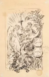 Allegory of Wisdom and Virtue 19th Century French Ink and Wash Painting on Paper - No Reserve