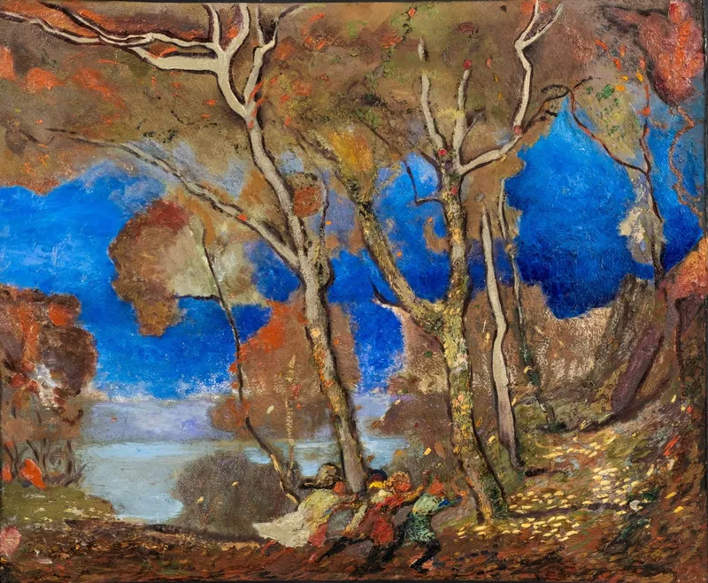 Van Dearing Perrine, 'Autumn Landscape' Children Playing Oil on Canvas Painting from auction in Kingston, New York — image 5