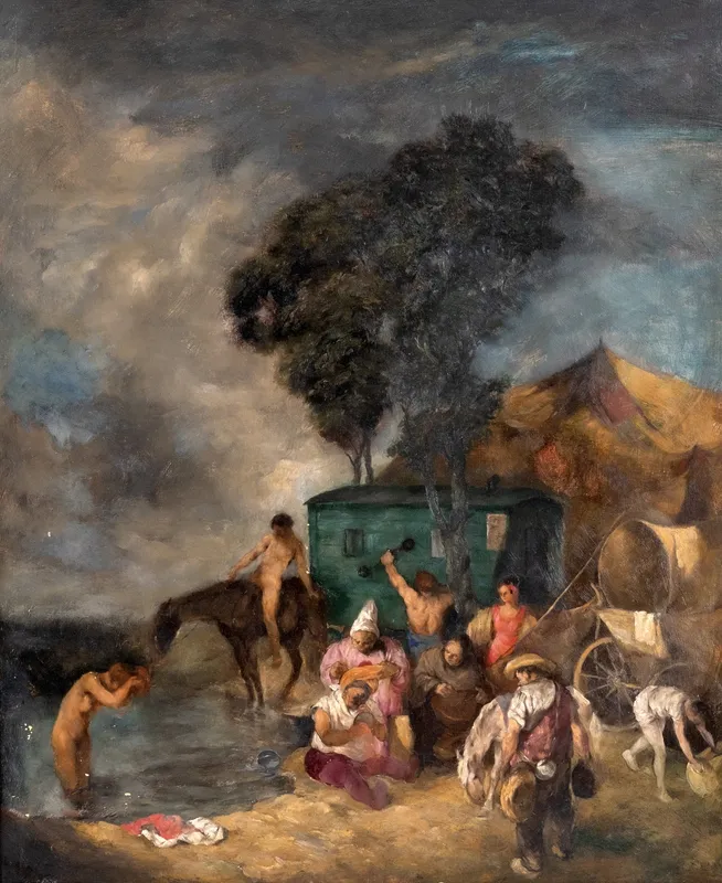 Erhard Amadeus Dier, Circus Encampment Signed Circa 1920 Oil on Panel Painting - No Reserve from auction in Kingston, New York — image 9