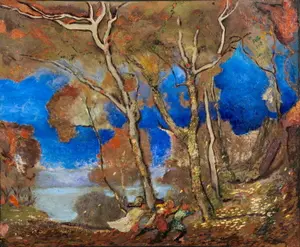 Van Dearing Perrine, 'Autumn Landscape' Children Playing Oil on Canvas Painting