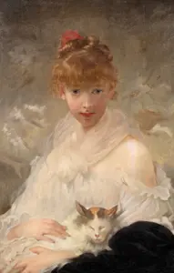 Charles Joshua Chaplin, 'Young Girl with a Cat' Oil on Canvas Painting