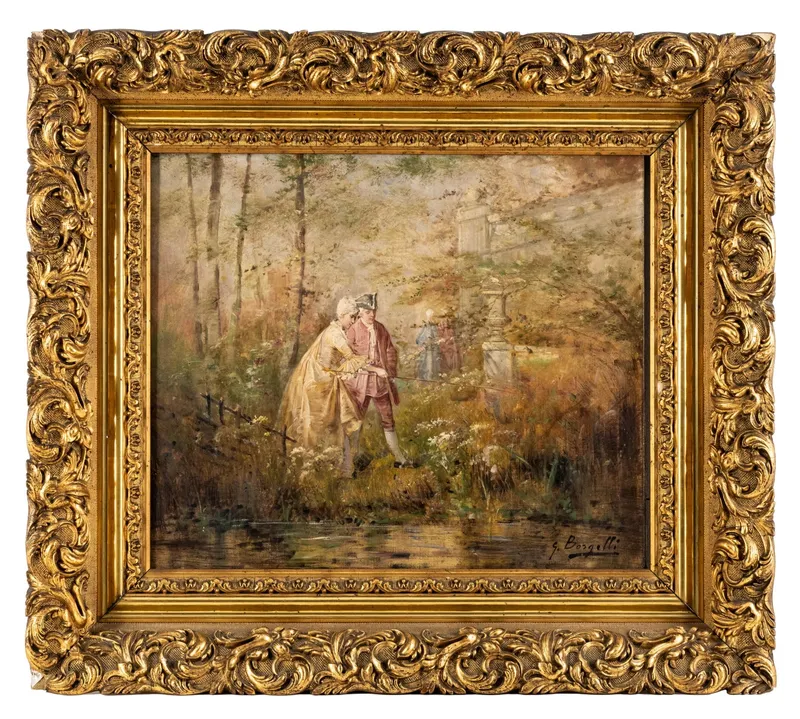 G. Borgelli French Gallant Scene Oil on Canvas Painting, Signed from auction in Kingston, New York — image 40
