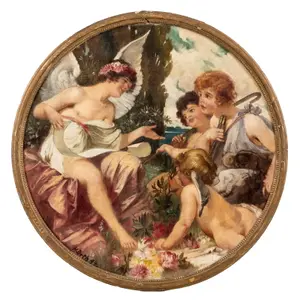 H. Orth Musical Angels Round Oil Painting, Signed, 1894