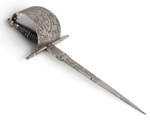 Spanish Small Rare Left-Hand Dagger with Iron Sheath, Toledo, Dated 1871