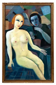 Armand Schonberger 'Two Friends' Cubist Figural Oil on Panel Painting, Signed, Circa 1930