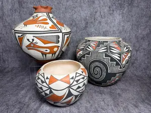 A Trio of Acoma Pueblo Polychrome Pottery Vessels by Andrew Vallo, Michelle Vallo, and M.T