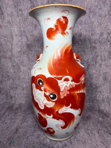 Large Chinese Iron Red and White Porcelain Buddhist Lion Vase