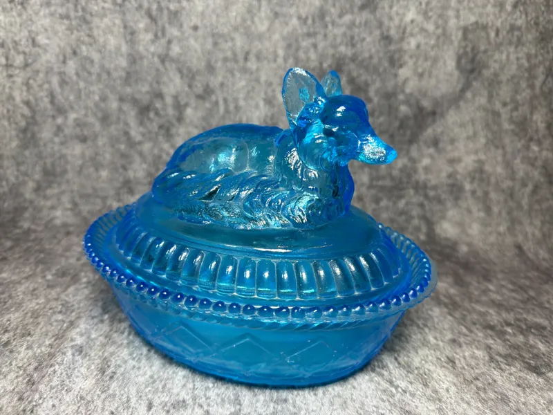 Translucent Blue Pressed Glass Covered Fox on Nest Dish from auction in Lancaster, Ohio — image 20