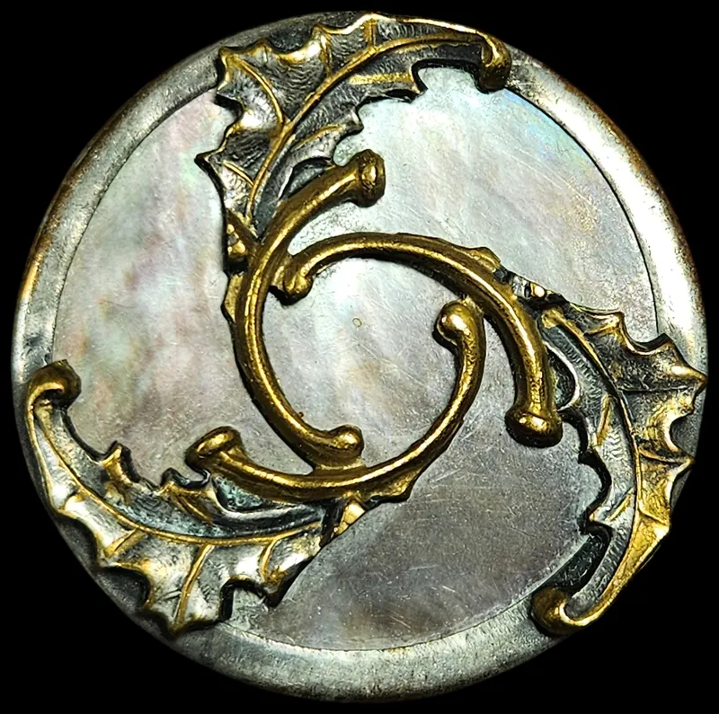 Large French Art Nouveau Mother of Pearl and Mixed Metal Botanical Motif Button from auction in Lancaster, Ohio — image 20