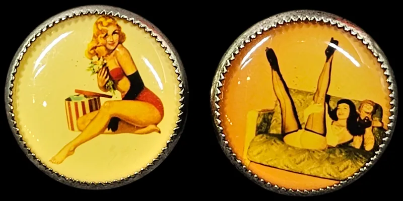 A Pair of Silver Tone Shank Back Buttons Featuring Pin Up Girl Illustrations from auction in Lancaster, Ohio — image 23