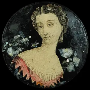 Large Victorian Paperweight Glass Portrait Button with Iridescent Inclusions