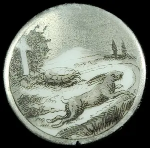 Circular Black and White Transfer Printed Button Depicting the Tortoise and the Hare