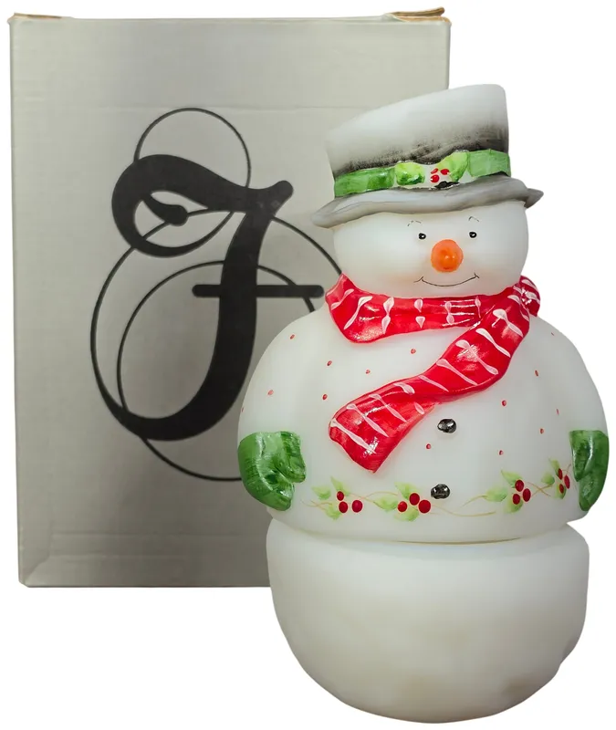 Fenton Art Glass Hand Painted Snowman Fairy Lamp with Original Box from auction in Lancaster, Ohio — image 8