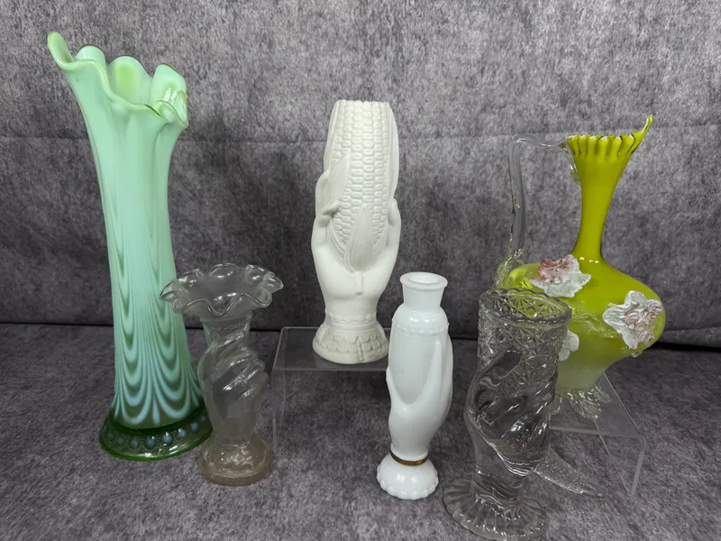 An Assortment of Victorian and Art Glass Vessels Including a Northwood Drapery Vase and Hand Vases from auction in Lancaster, Ohio — image 5
