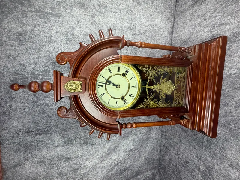 Victorian Gingerbread Stained Wood Mantel Clock with Brass Bust from auction in Lancaster, Ohio — image 13