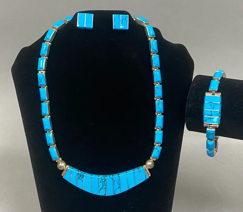 Vintage Taxco .950 Silver & Turquoise Jewelry Set. from auction in Okemos, Michigan — image 12