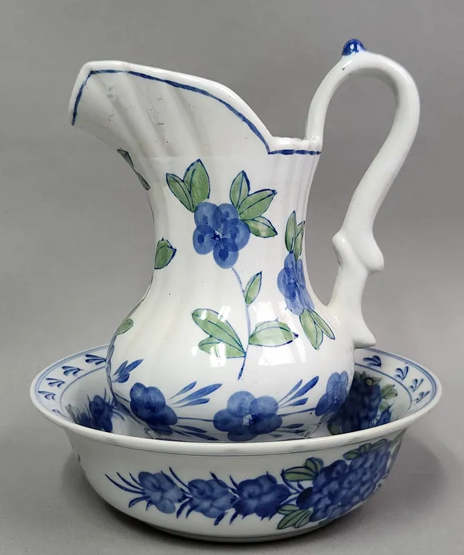 Blue Floral Porcelain Pitcher & Basin Set from auction in Okemos, Michigan — image 18